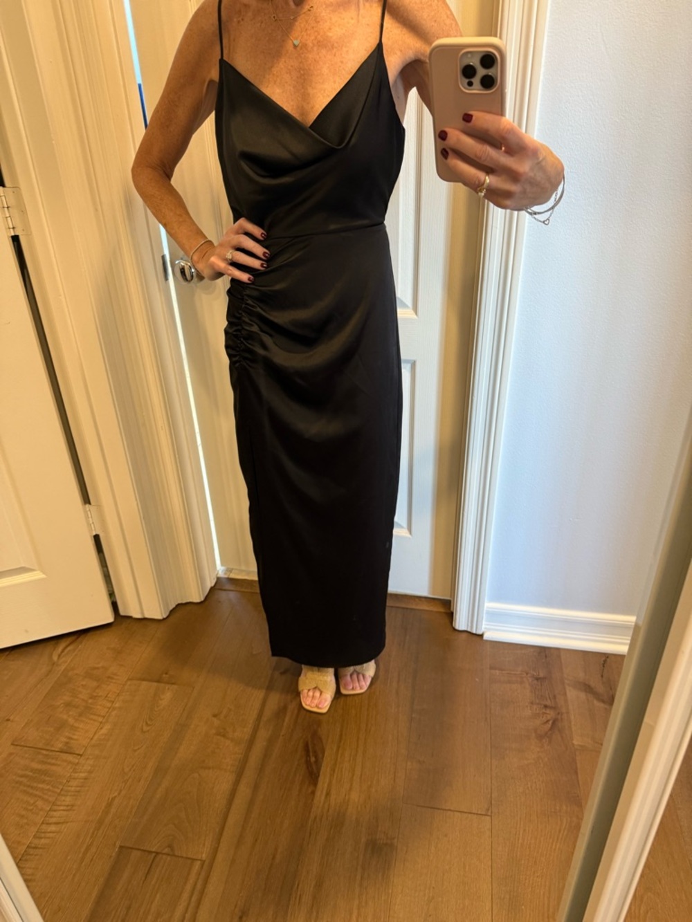 Milly Black Satin Maxi Slip Dress with Ruched Side